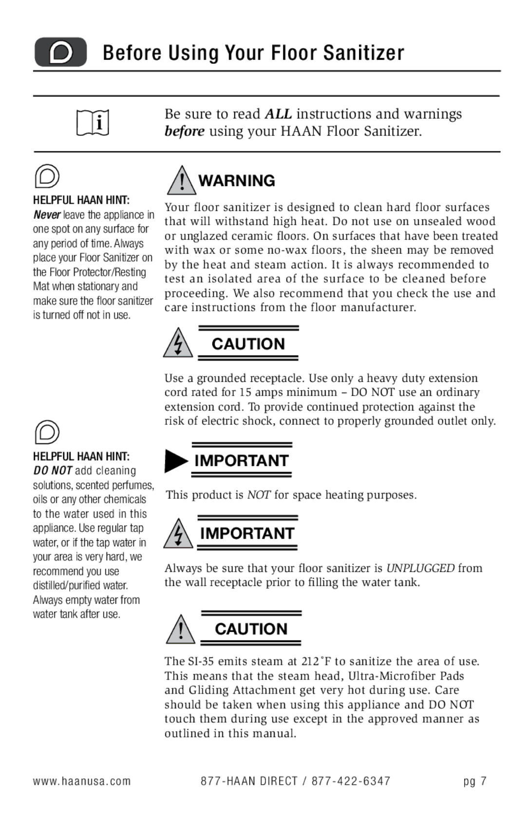 Haan SI-35 user manual Before Using Your Floor Sanitizer 