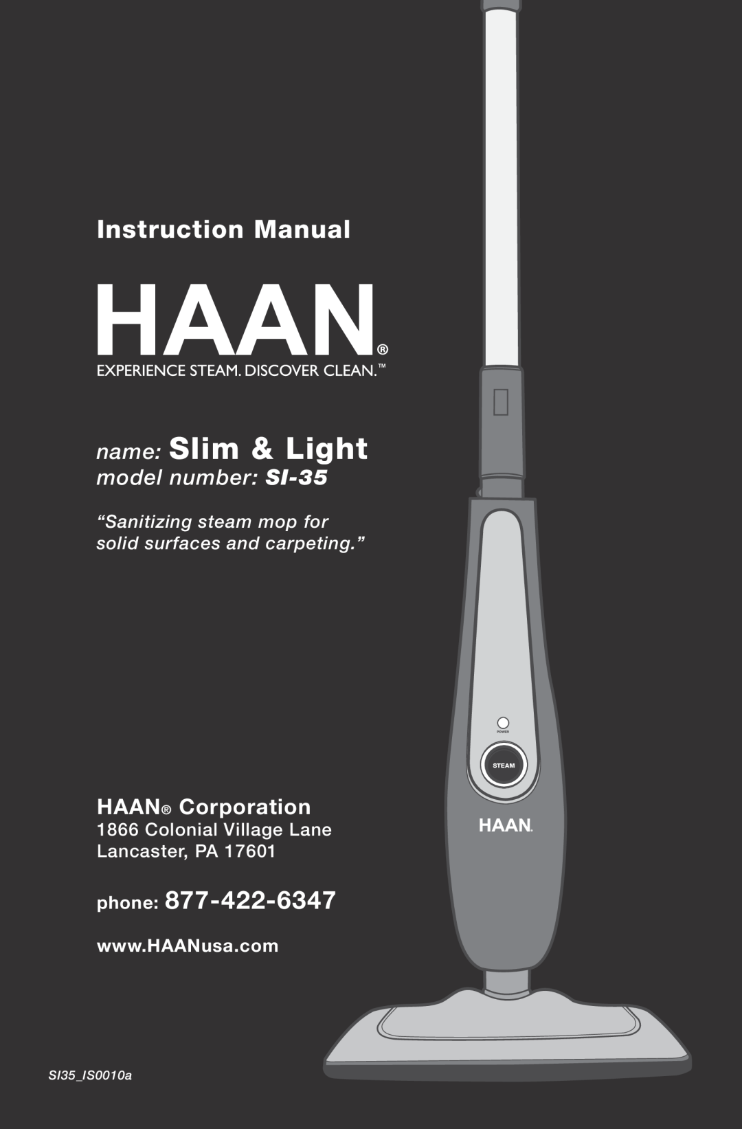 Haan instruction manual phone, HAAN Corporation, name Slim & Light, model number SI-35, SI35 IS0010a, Steam, Power 