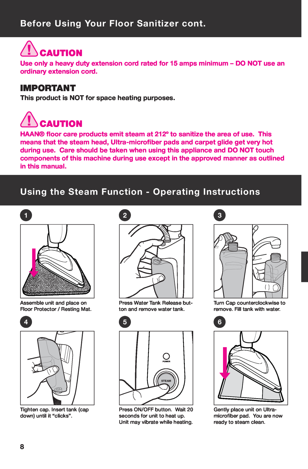 Haan SI-35 instruction manual Before Using Your Floor Sanitizer cont, Using the Steam Function - Operating Instructions 