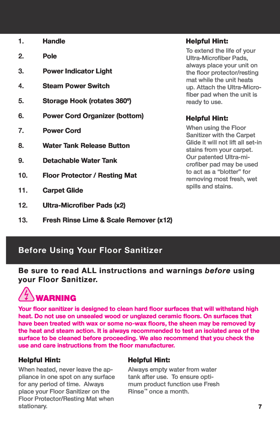 Haan SI-35 instruction manual Before Using Your Floor Sanitizer 
