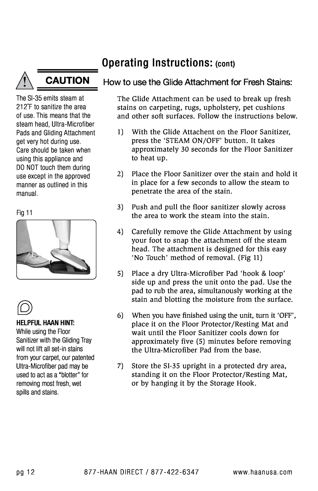 Haan SI-35 How to use the Glide Attachment for Fresh Stains, Operating Instructions cont, HAAN DIRECT / 877 - 422 