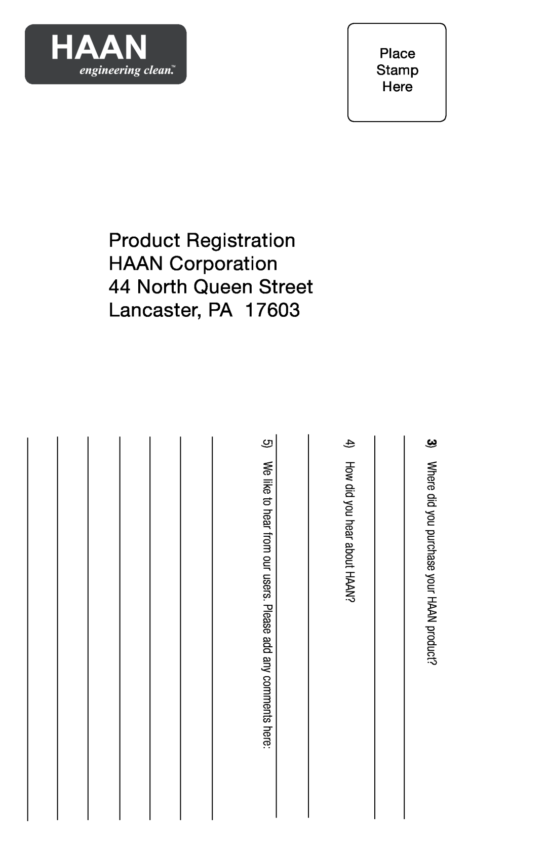 Haan SI-35 user manual Product Registration HAAN Corporation, North Queen Street Lancaster, PA, Place Stamp Here 