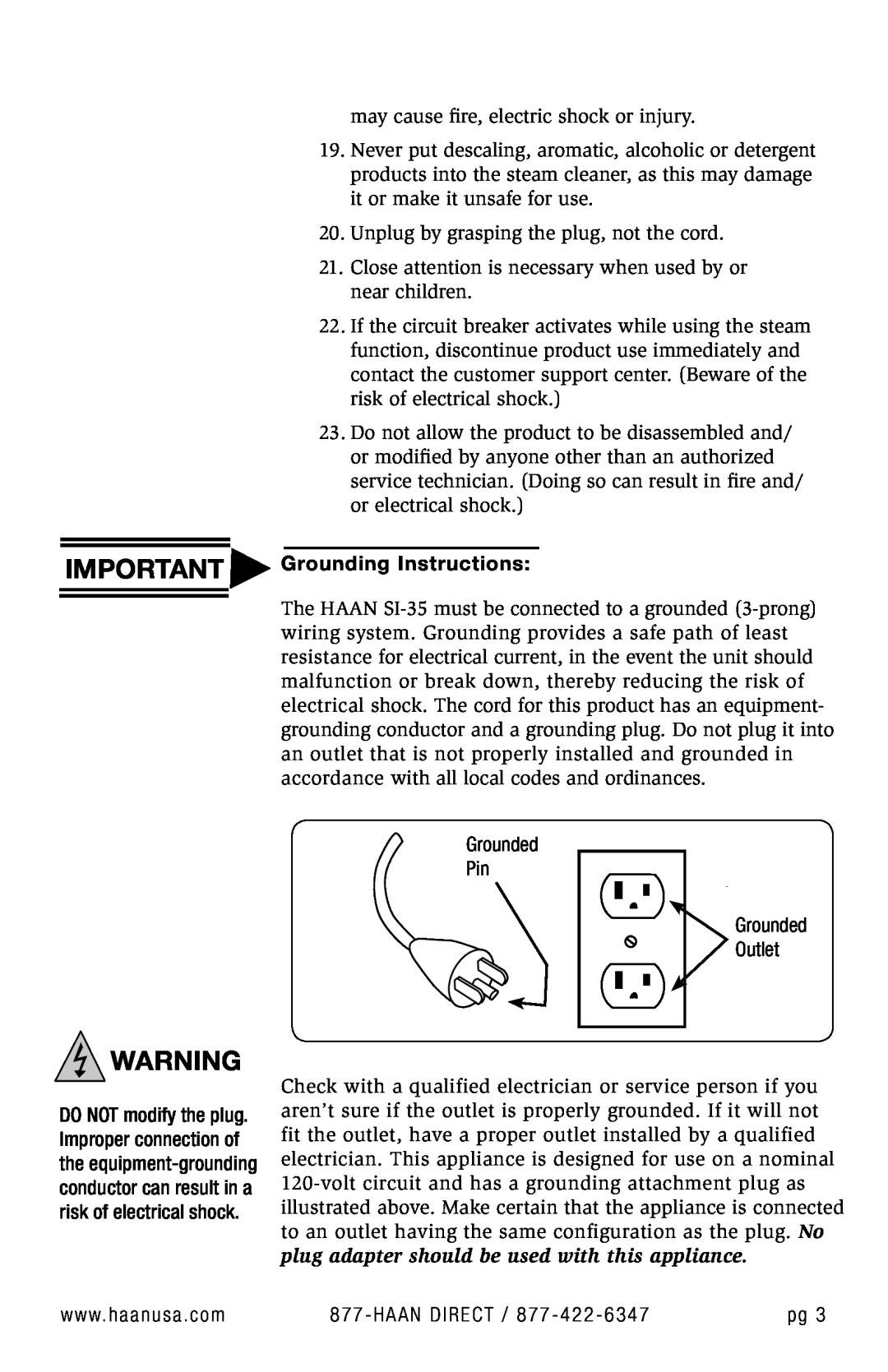 Haan SI-35 user manual IMPORTANT Grounding Instructions 