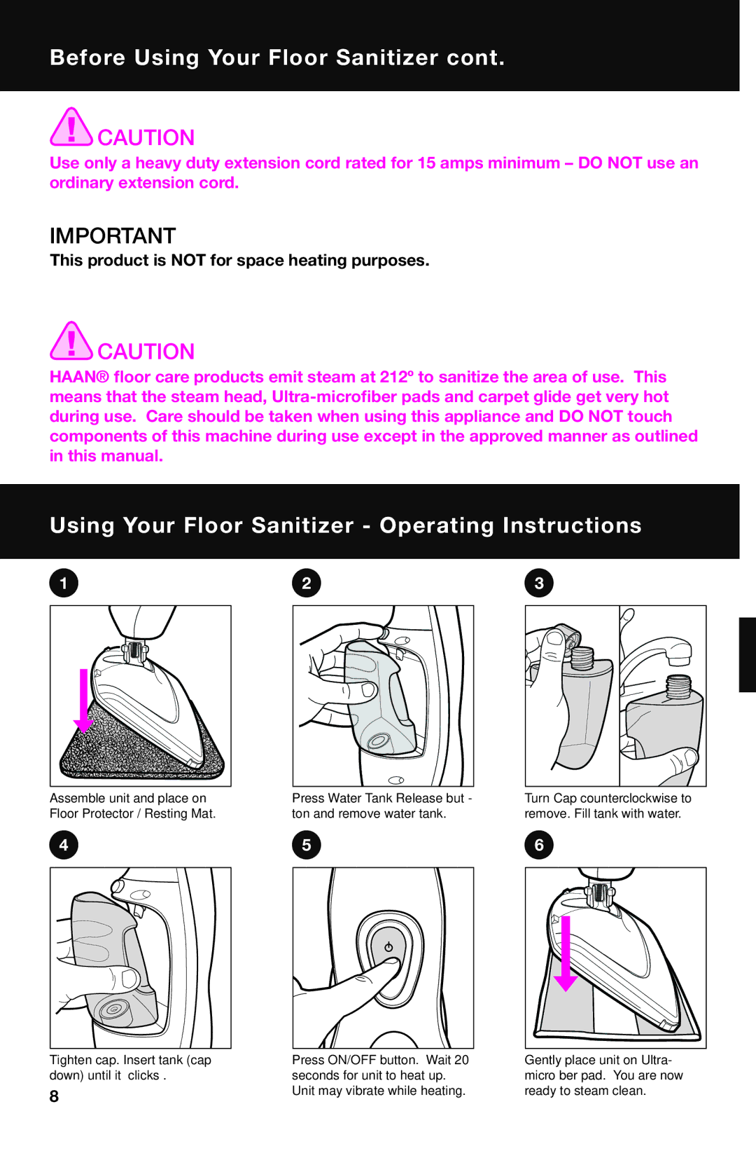 Haan SI-70 instruction manual Using Your Floor Sanitizer Operating Instructions 