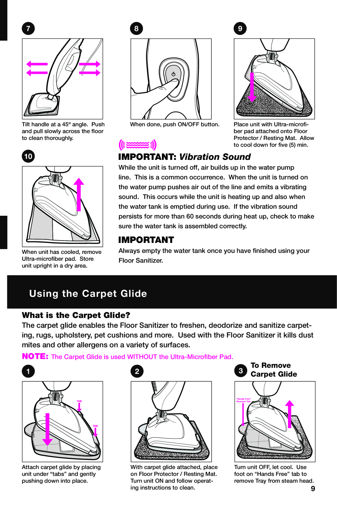 Haan SI-70 instruction manual Using the Carpet Glide, Important Vibration Sound 