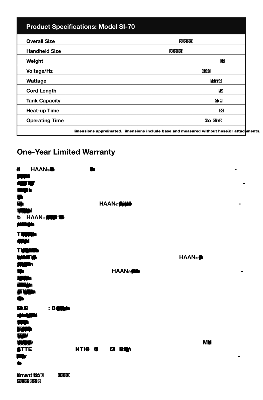 Haan instruction manual One-Year Limited Warranty, Product Specifications Model SI-70 