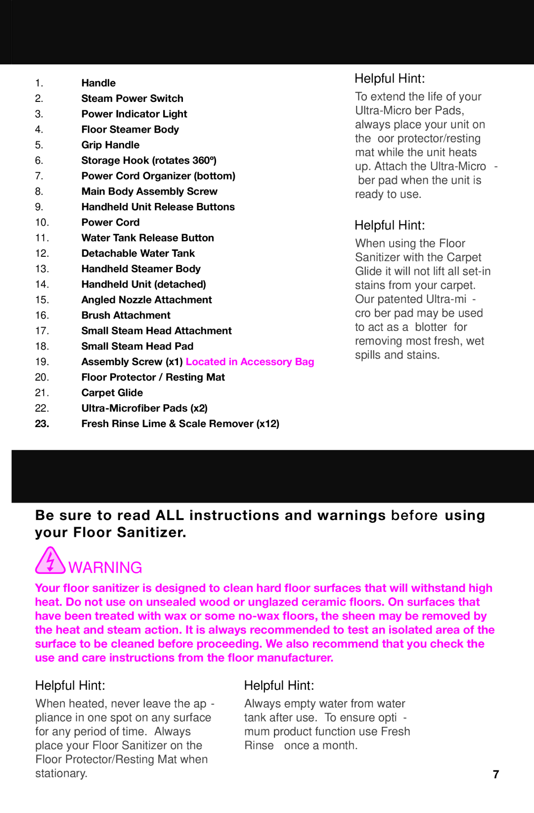 Haan SI-70 instruction manual Before Using Your Floor Sanitizer, Assembly Screw x1 Located in Accessory Bag 