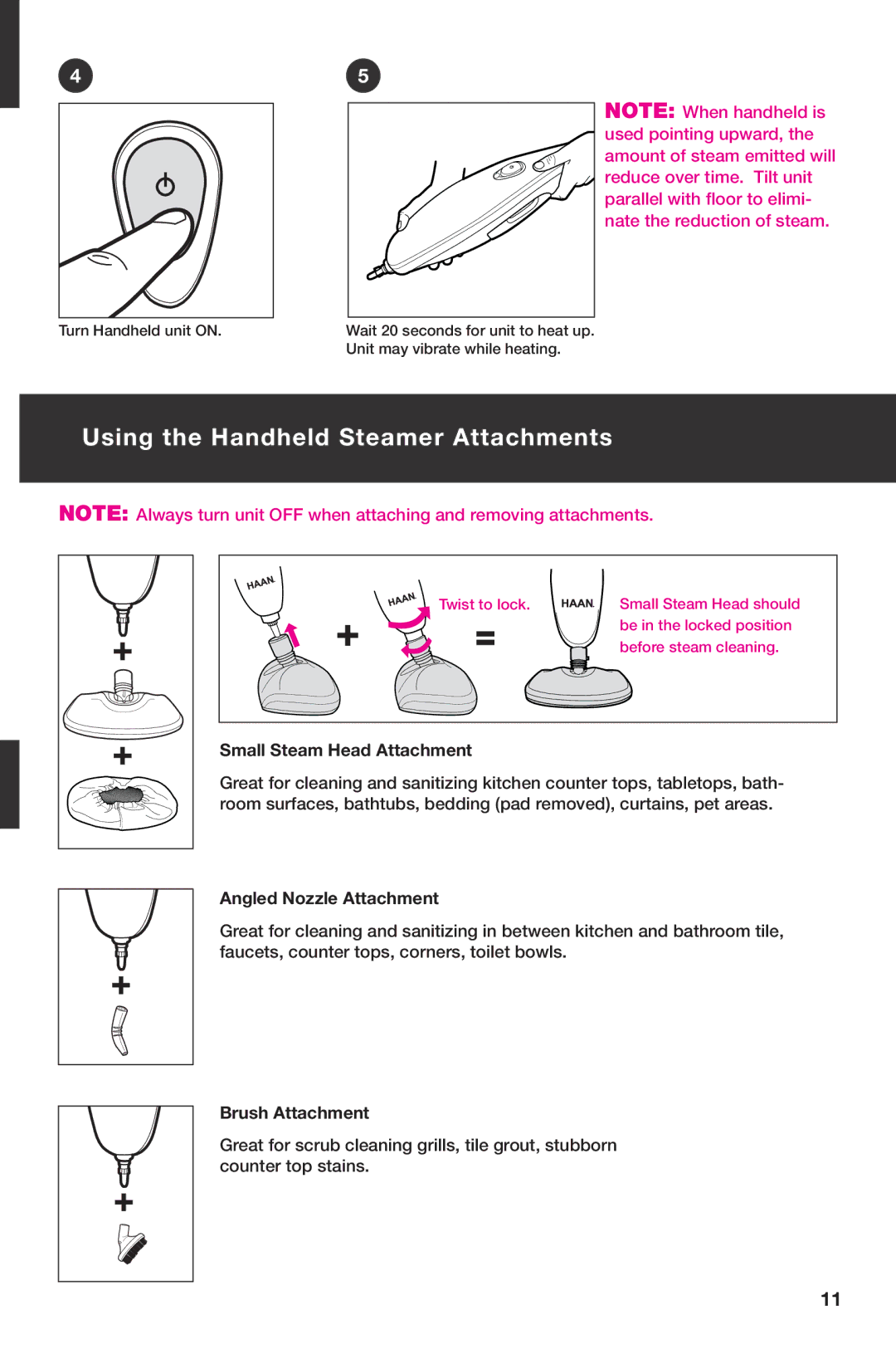 Haan SI-75 instruction manual Using the Handheld Steamer Attachments 