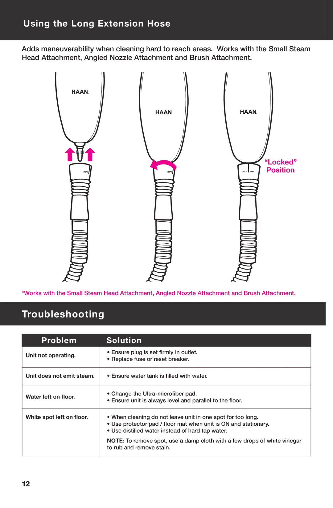 Haan SI-75 instruction manual Troubleshooting, Using the Long Extension Hose 