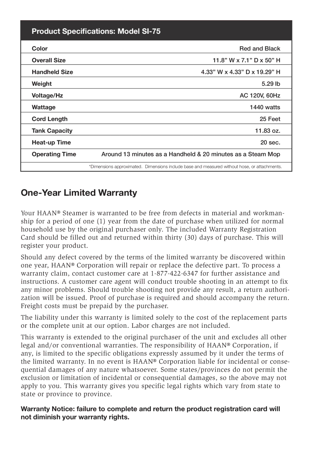 Haan instruction manual One-Year Limited Warranty, Product Specifications Model SI-75 