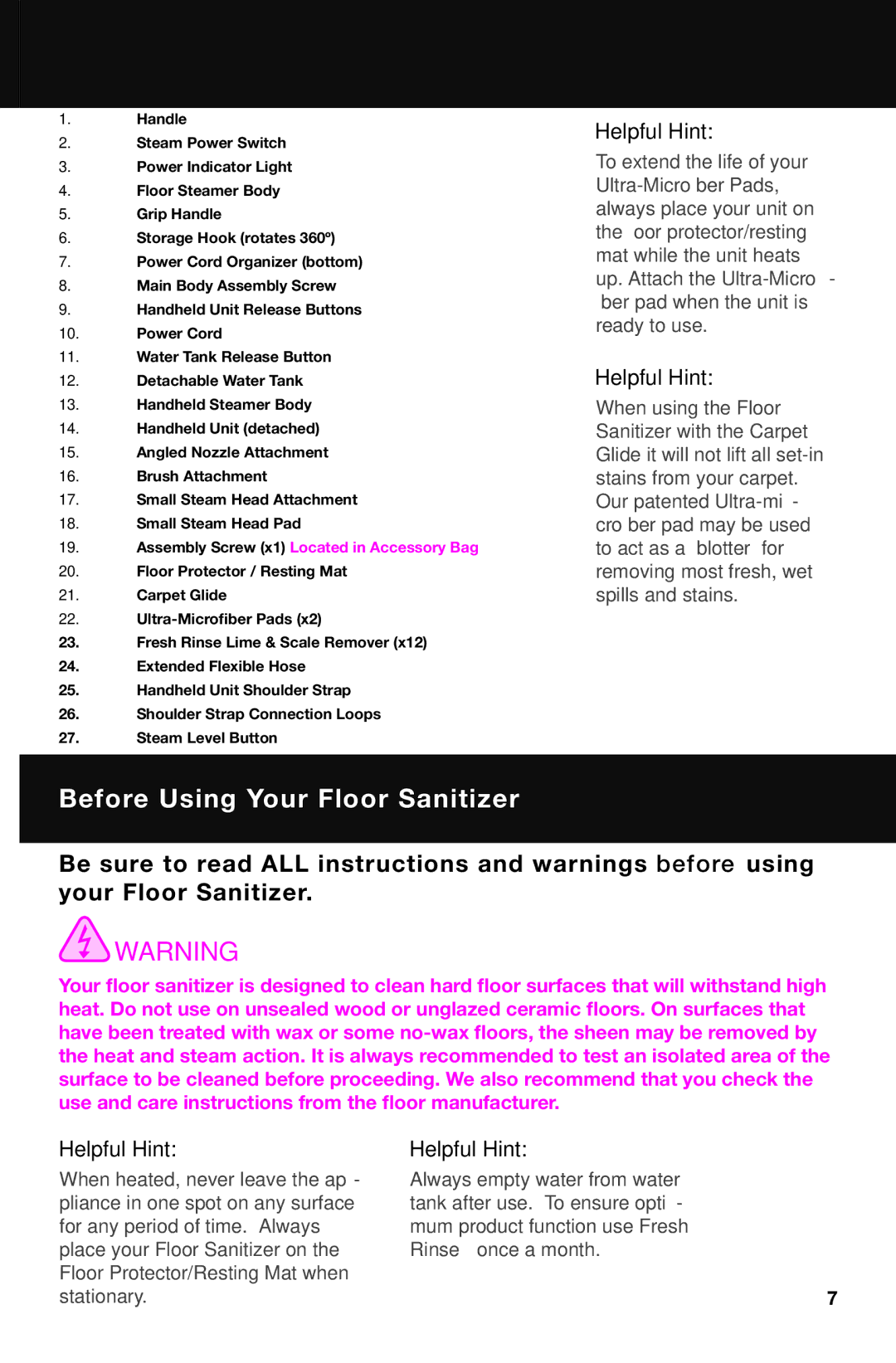 Haan SI-75 instruction manual Before Using Your Floor Sanitizer, Assembly Screw x1 Located in Accessory Bag 