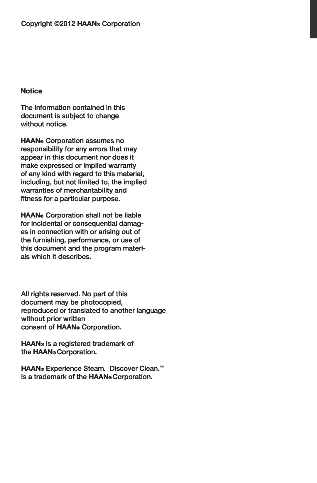 Haan SI-75 instruction manual Copyright 2012 HAAN Corporation, consent of HAAN Corporation 
