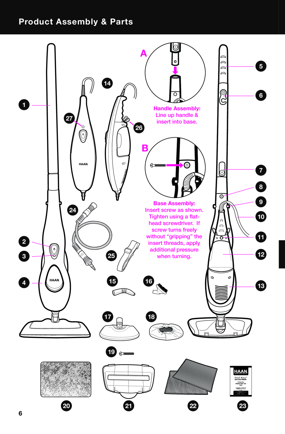 Haan SI-75 Product Assembly & Parts, 1718, Line up handle, insert into base, Tighten using a flat, head screwdriver. If 