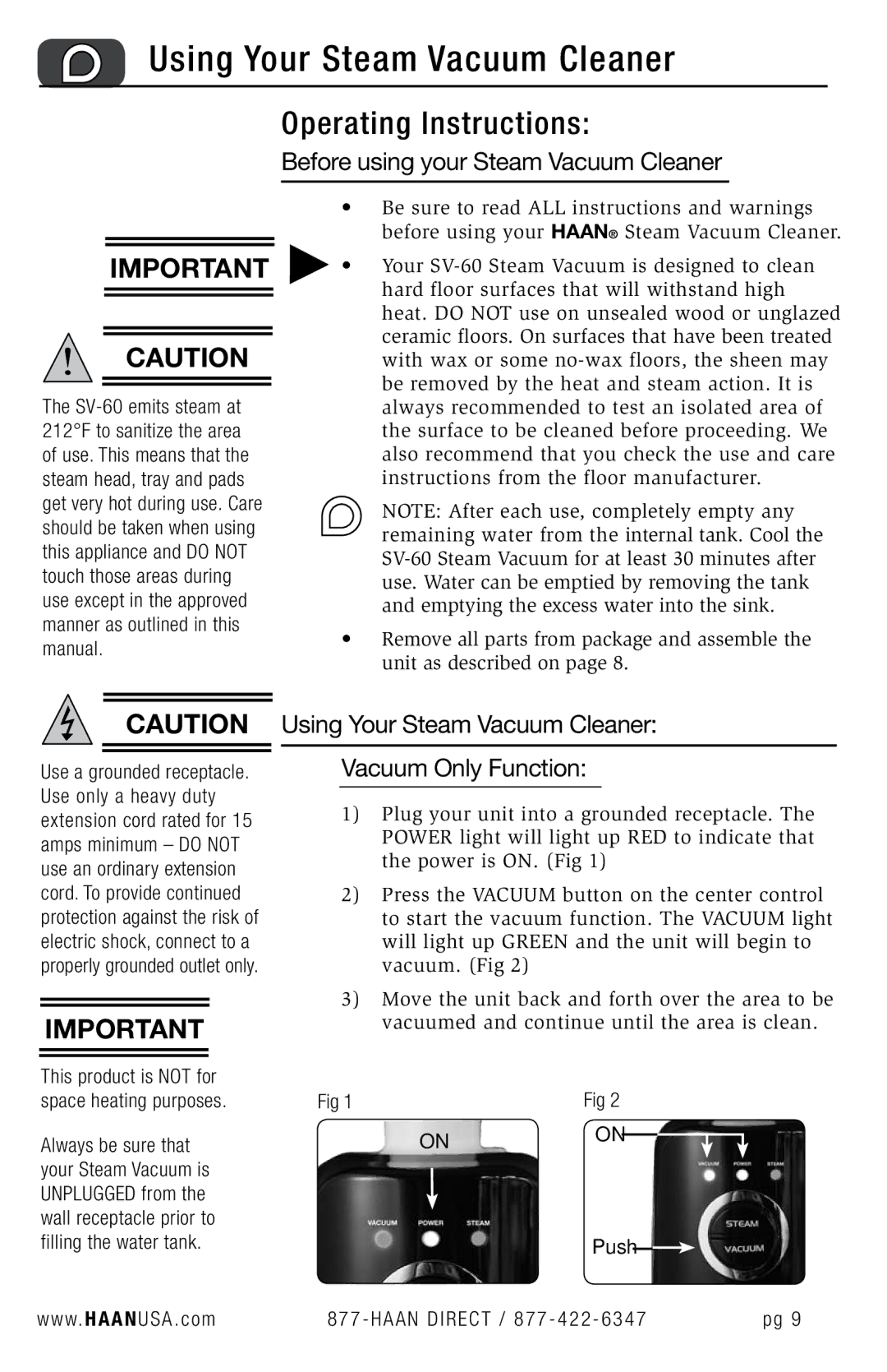 Haan SV-60 user manual Using Your Steam Vacuum Cleaner, Before using your Steam Vacuum Cleaner 