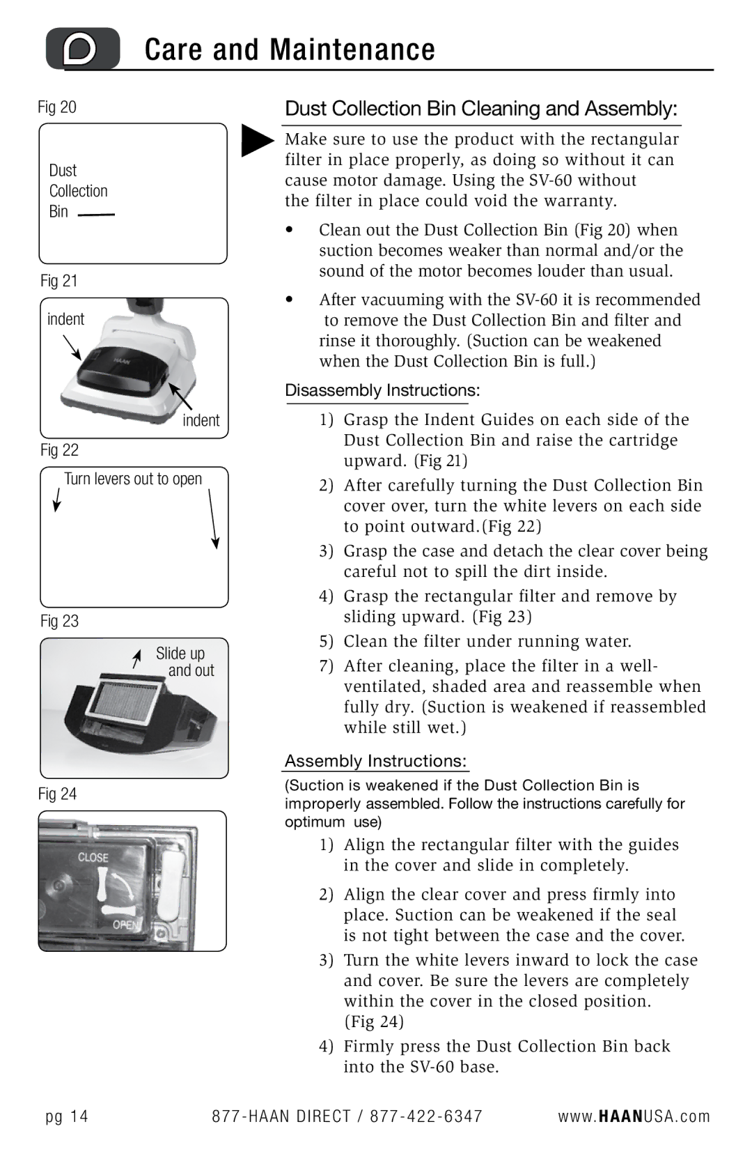 Haan SV-60 user manual Care and Maintenance, Dust Collection Bin Cleaning and Assembly, Disassembly Instructions 