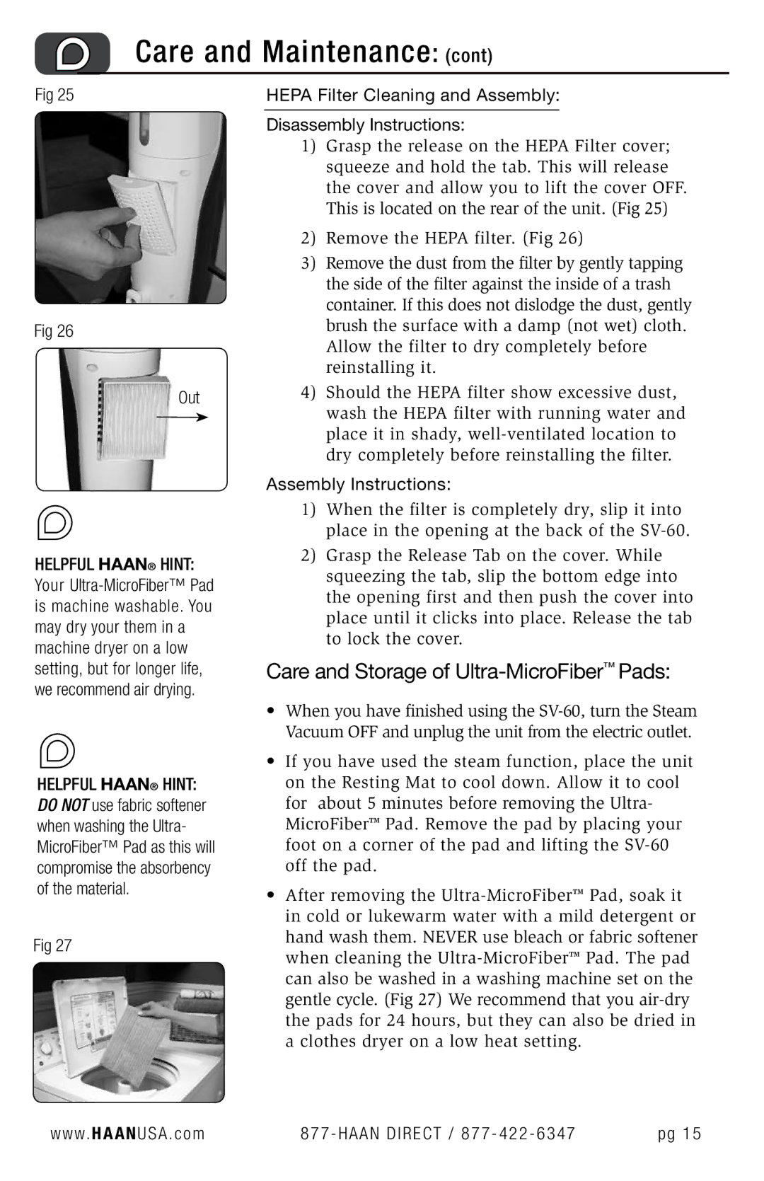 Haan SV-60 Care and Storage of Ultra-MicroFiberPads, Out, Hepa Filter Cleaning and Assembly Disassembly Instructions 