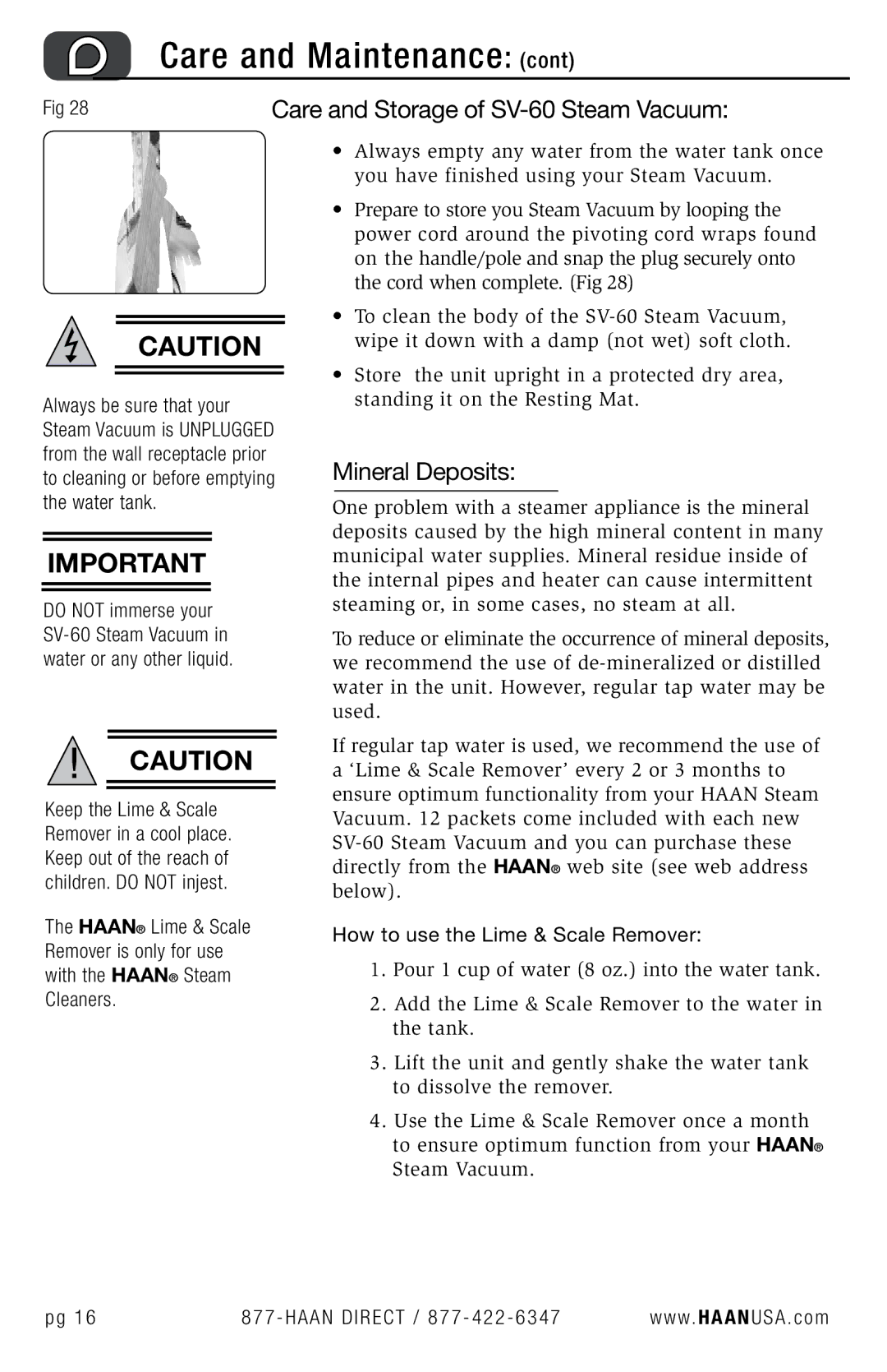 Haan SV-60 user manual Mineral Deposits, How to use the Lime & Scale Remover 