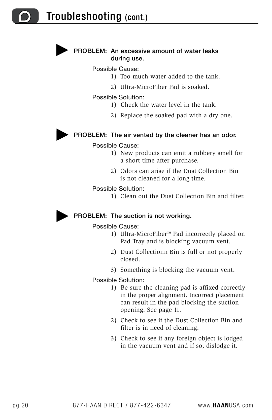 Haan SV-60 user manual Problem The suction is not working Possible Cause 