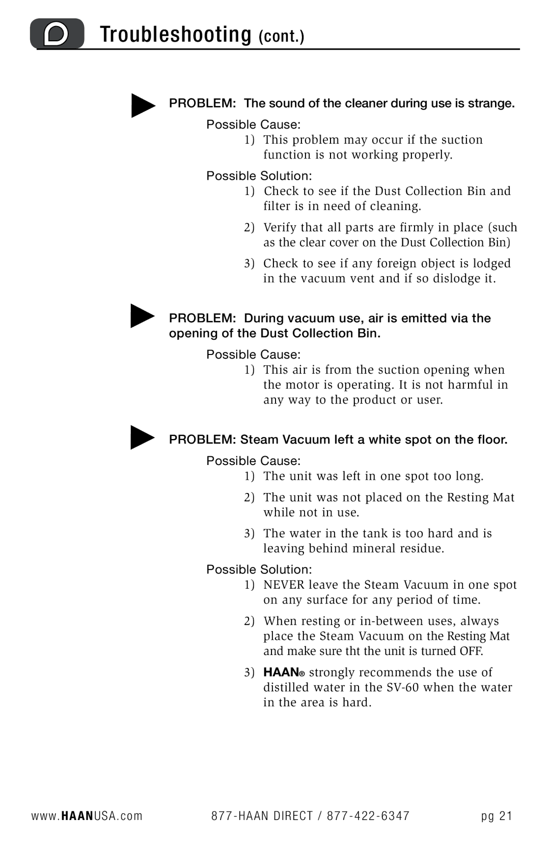 Haan SV-60 user manual Troubleshooting 