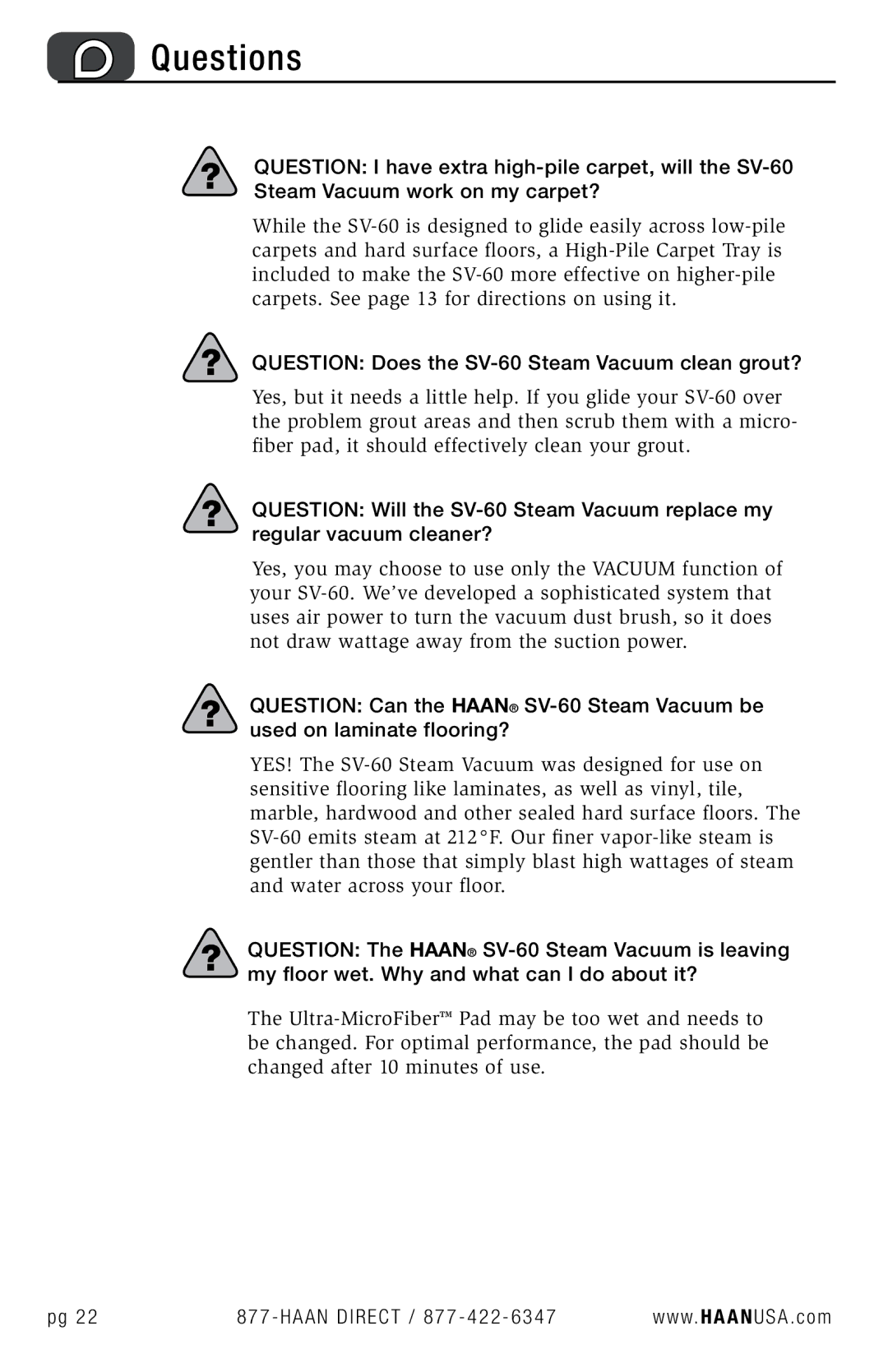 Haan user manual Questions, ? Question Does the SV-60 Steam Vacuum clean grout? 