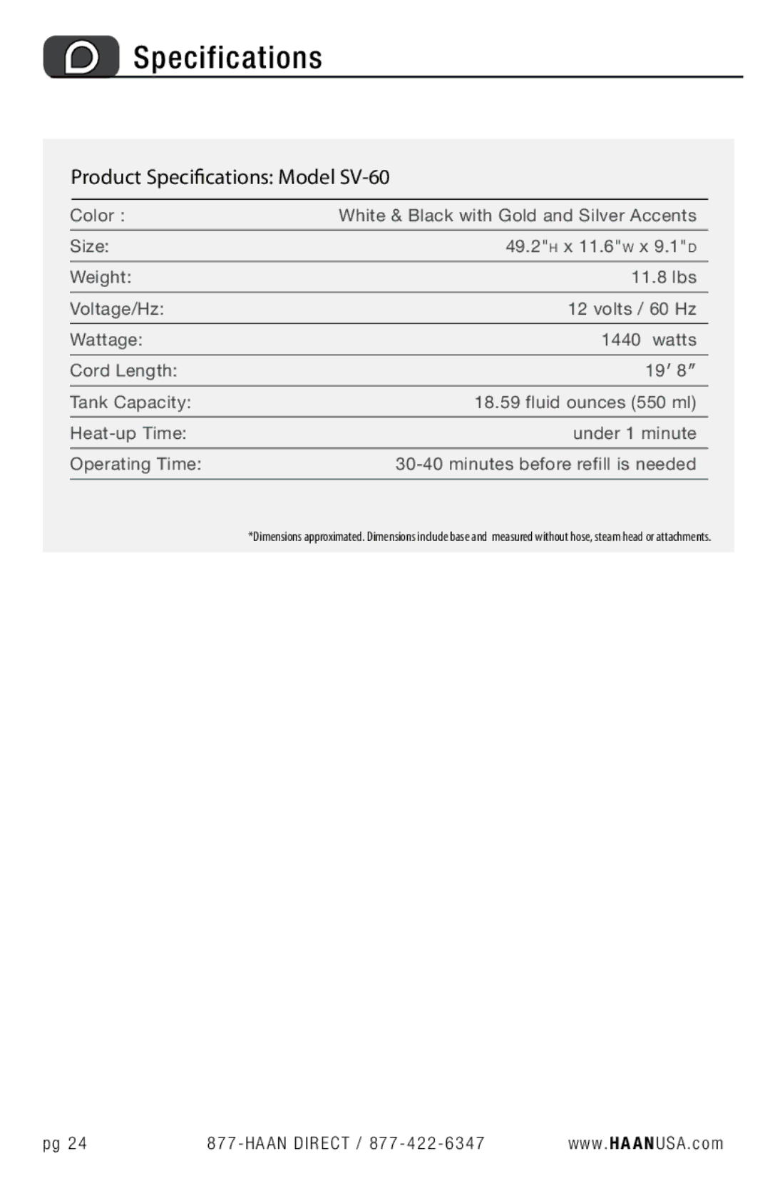 Haan user manual Product Specifications Model SV-60 