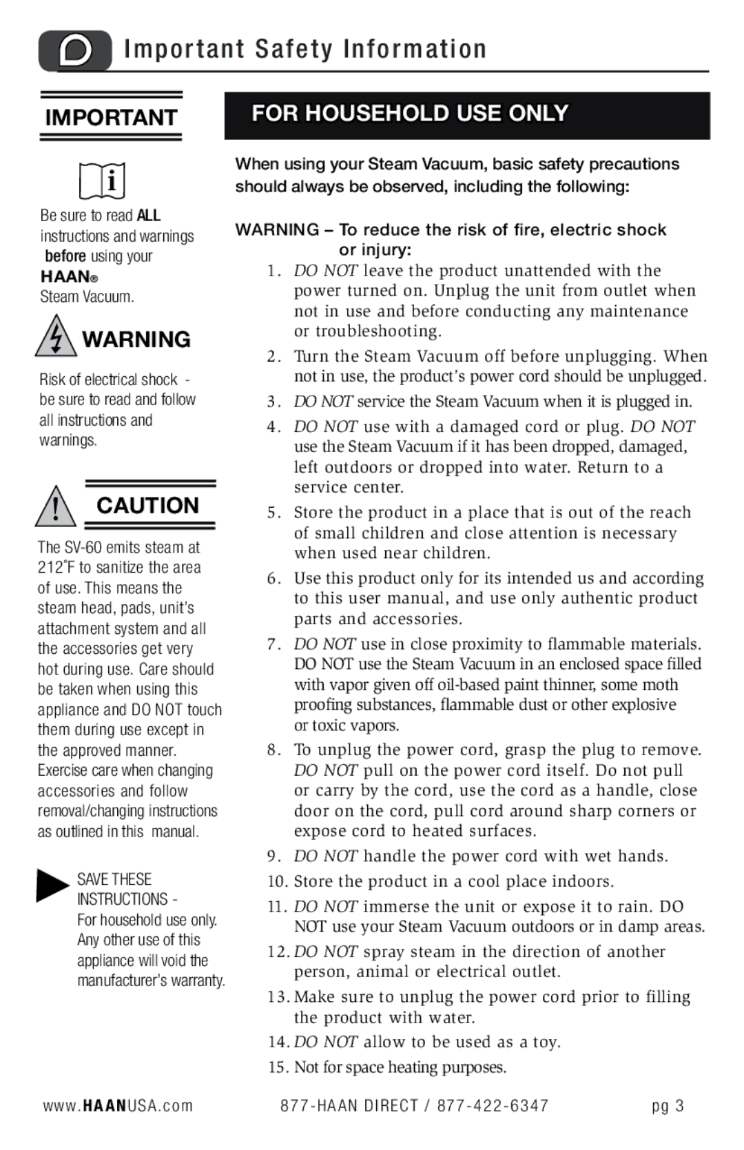 Haan SV-60 user manual Important Safety Information 