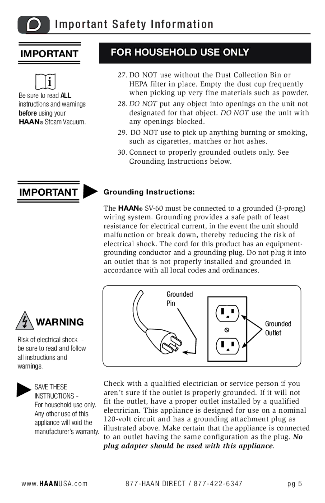 Haan SV-60 user manual Important Grounding Instructions, Grounded Pin Outlet 