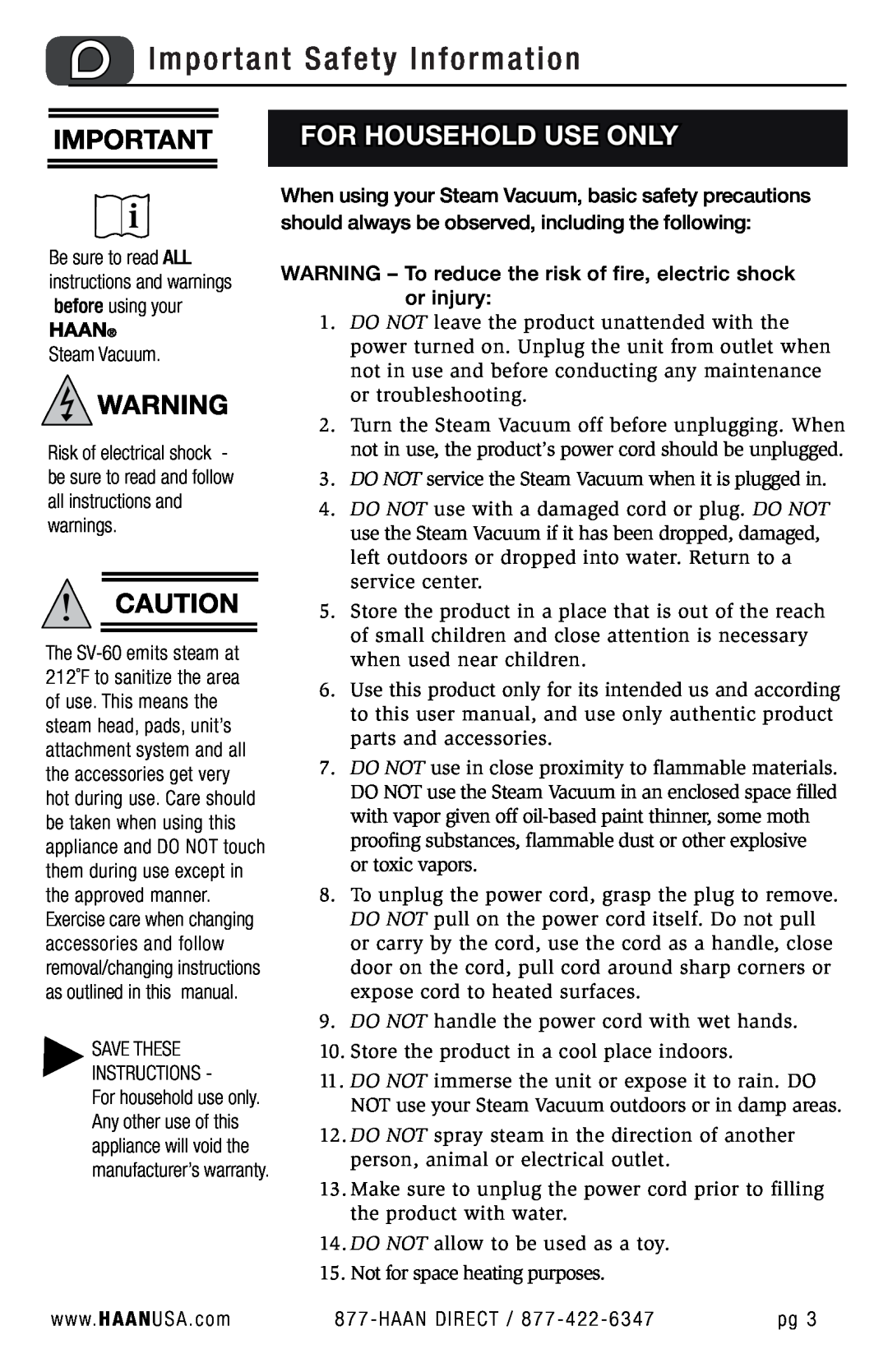Haan SV-60 user manual Important Safety Information, For Household Use Only 