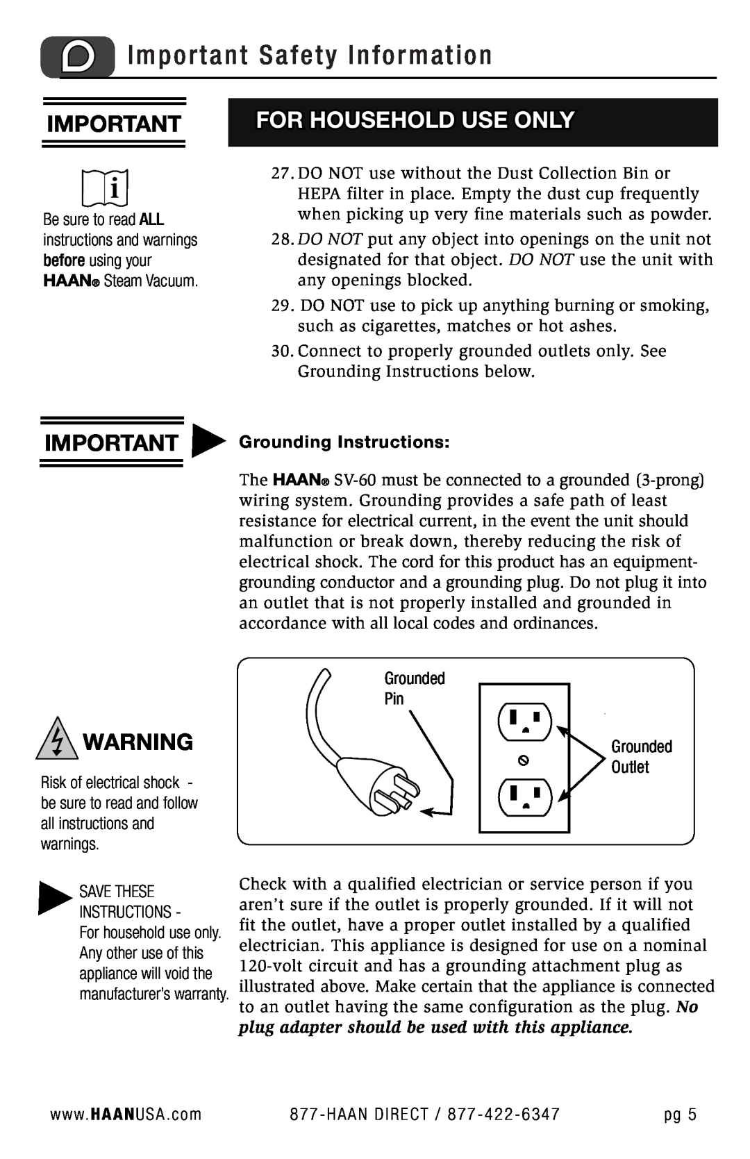 Haan SV-60 user manual Important Safety Information, For Household Use Only, IMPORTANT Grounding Instructions, Haan Direct 