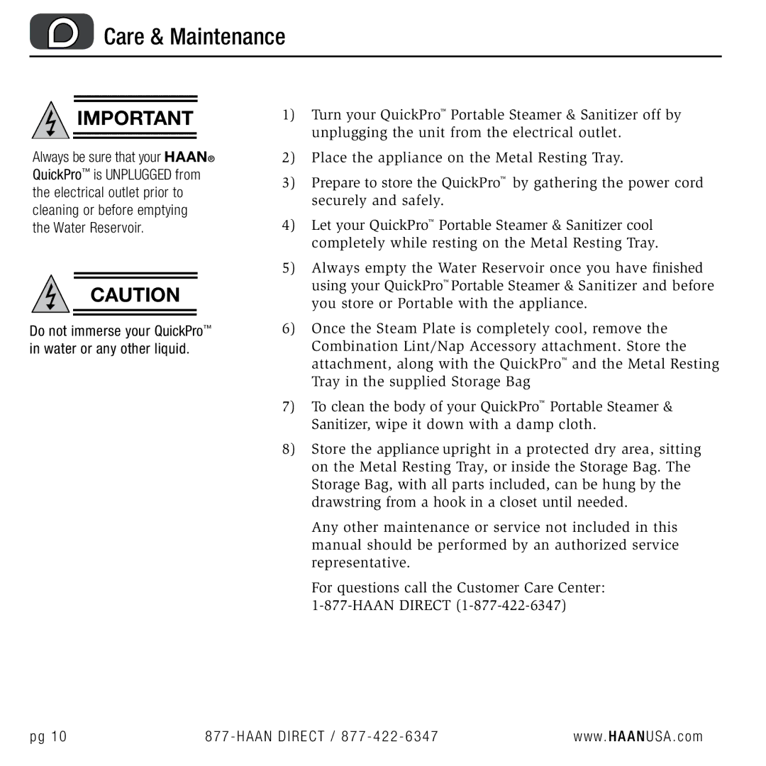 Haan TS-30 user manual Care & Maintenance 