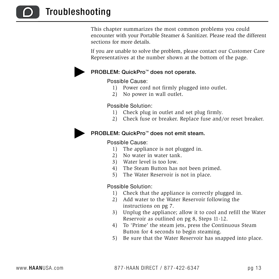 Haan TS-30 user manual Troubleshooting, Problem QuickPro does not operate Possible Cause, Possible Solution 