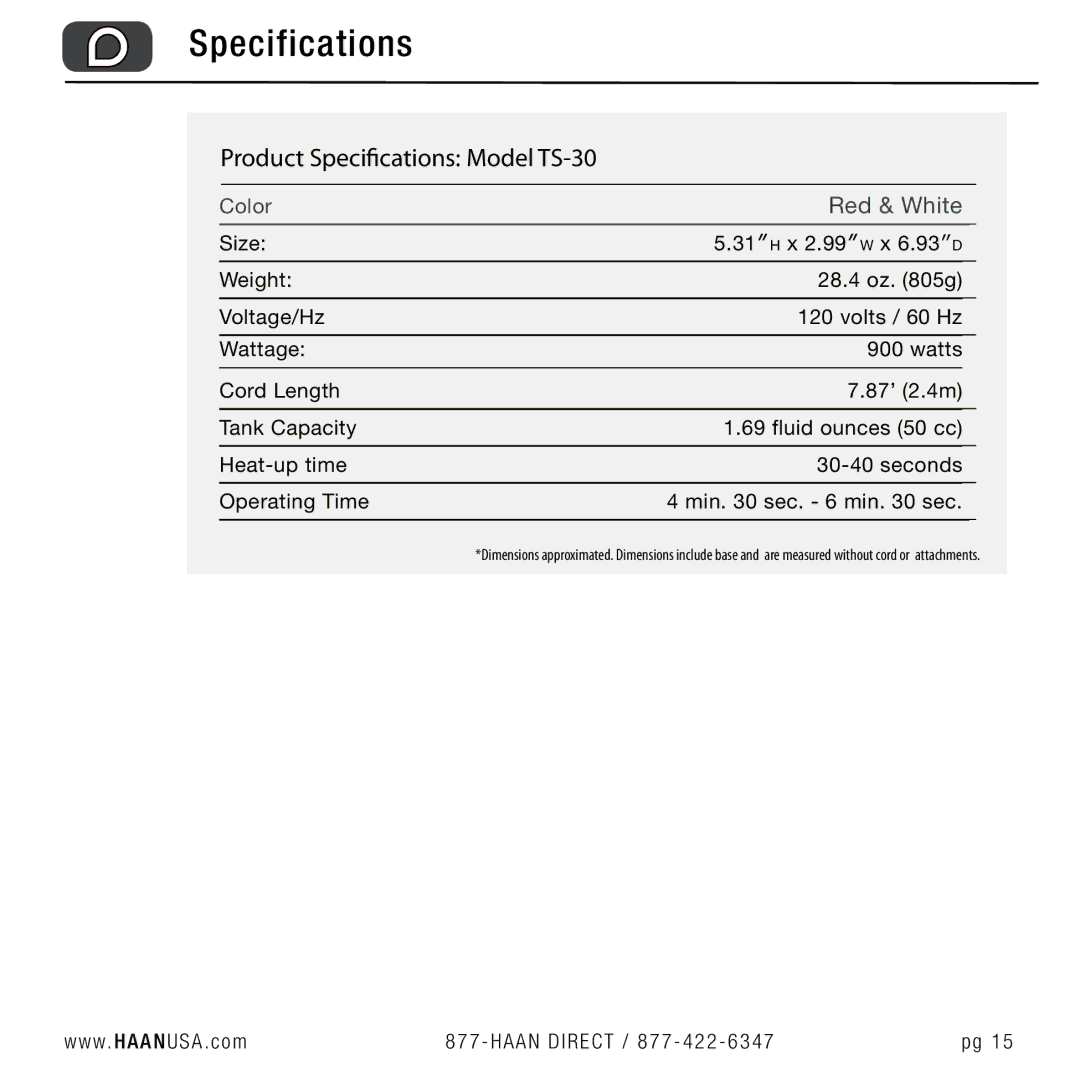 Haan user manual Product Specifications Model TS-30 