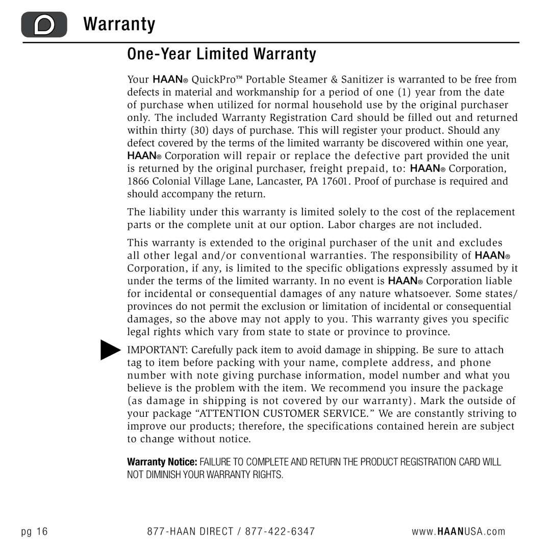 Haan TS-30 user manual One-Year Limited Warranty 