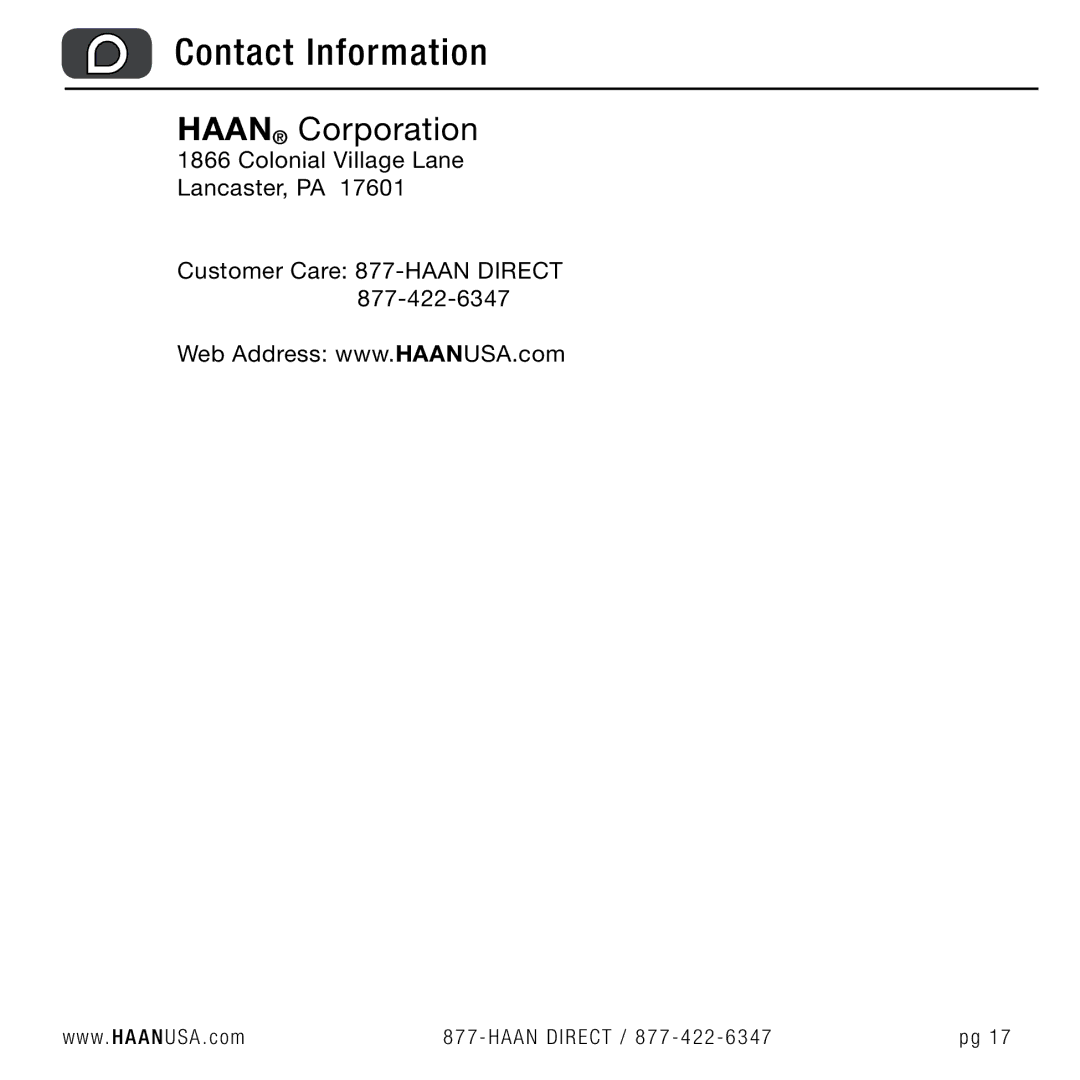 Haan TS-30 user manual Contact Information, Haan Corporation 