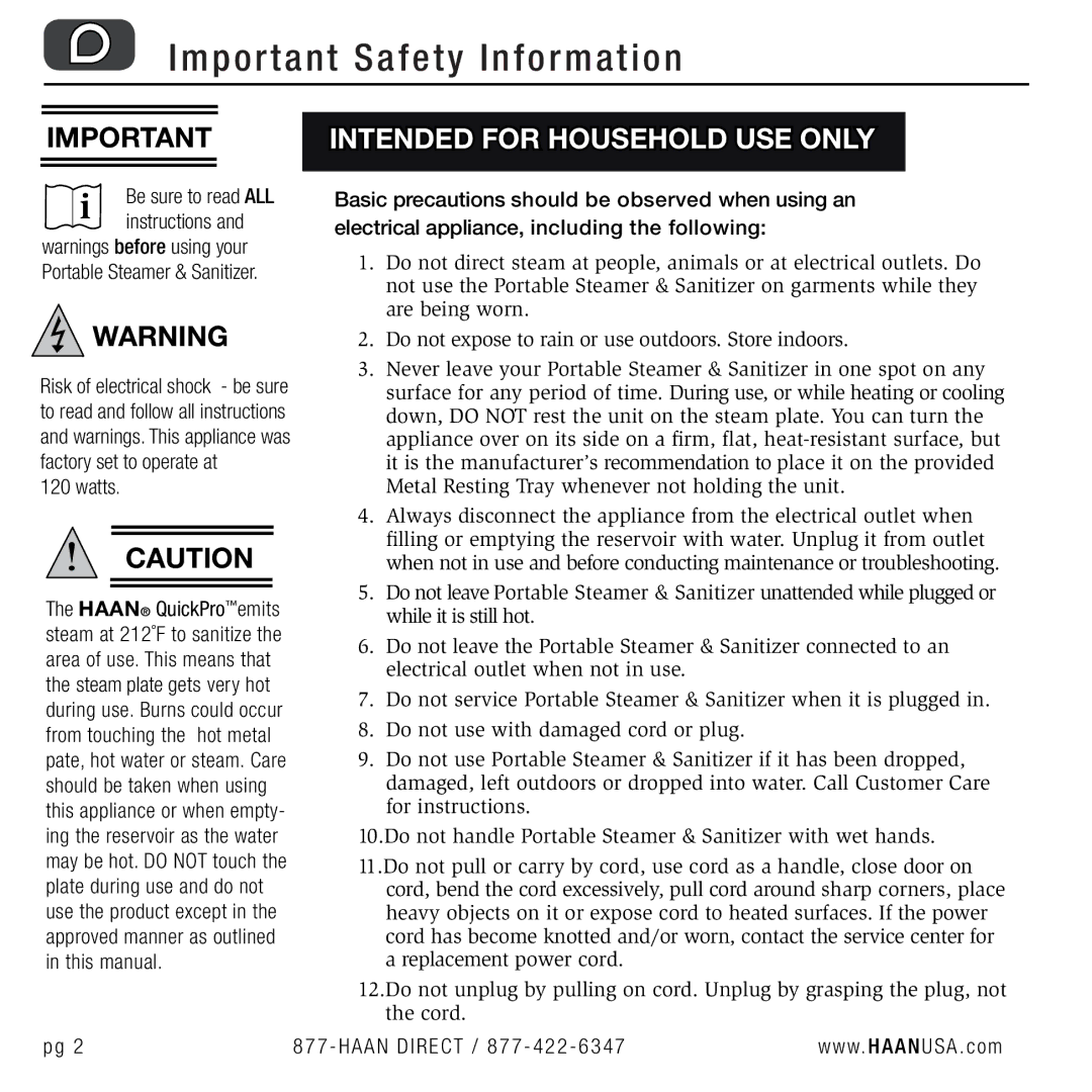 Haan TS-30 user manual Important Safety Information, Watts 