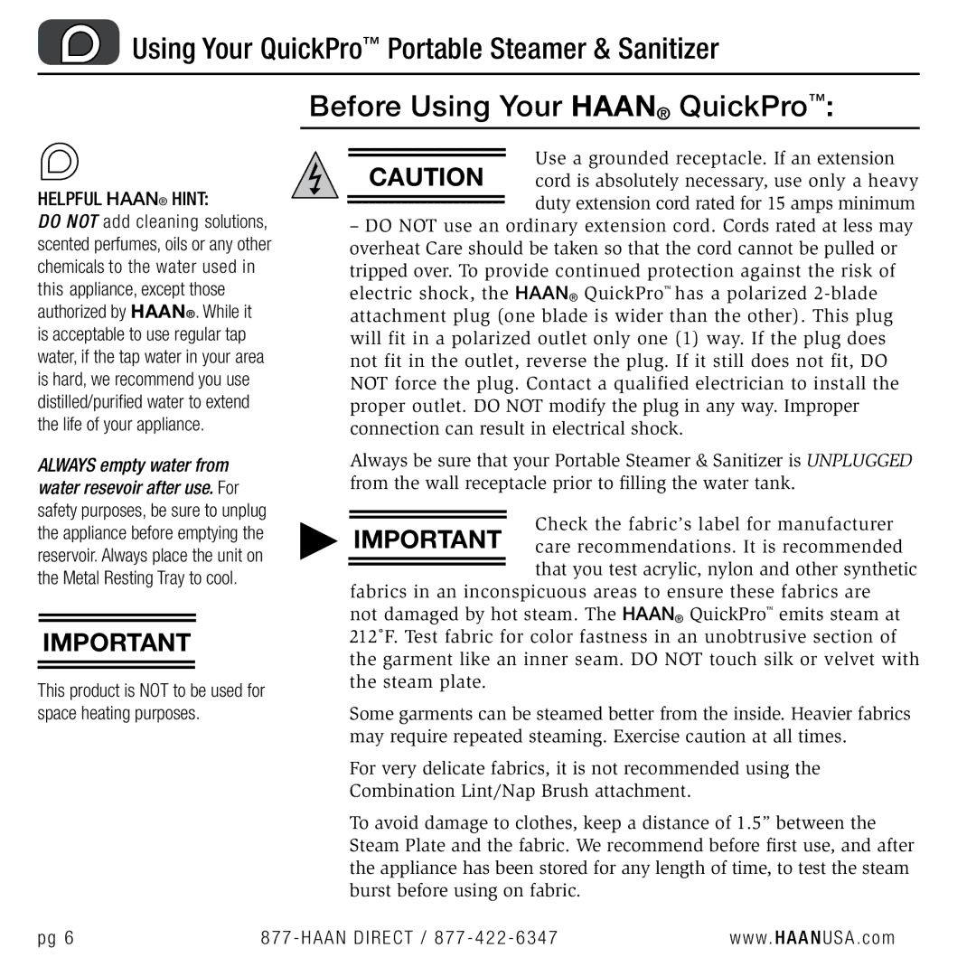 Haan TS-30 user manual Using Your QuickPro Portable Steamer & Sanitizer, Before Using Your Haan QuickPro 