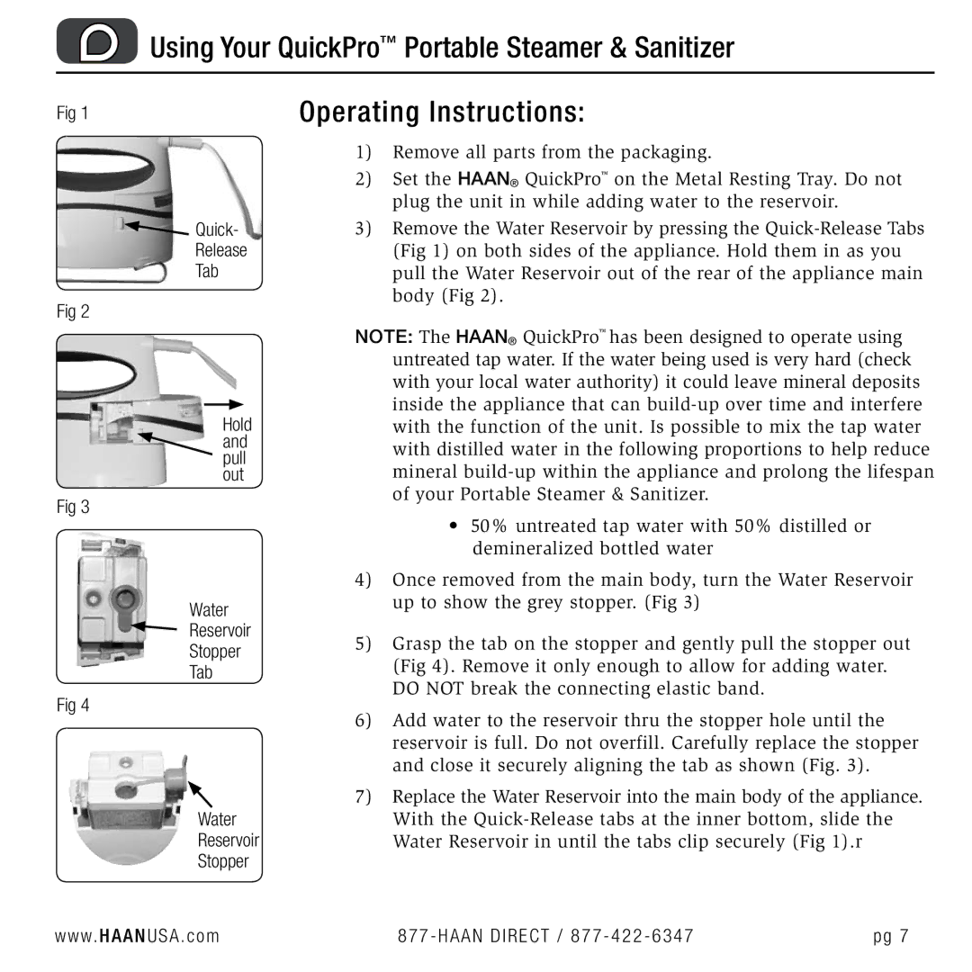 Haan TS-30 user manual Operating Instructions, Quick Release Tab, Out Water Reservoir Stopper Tab 