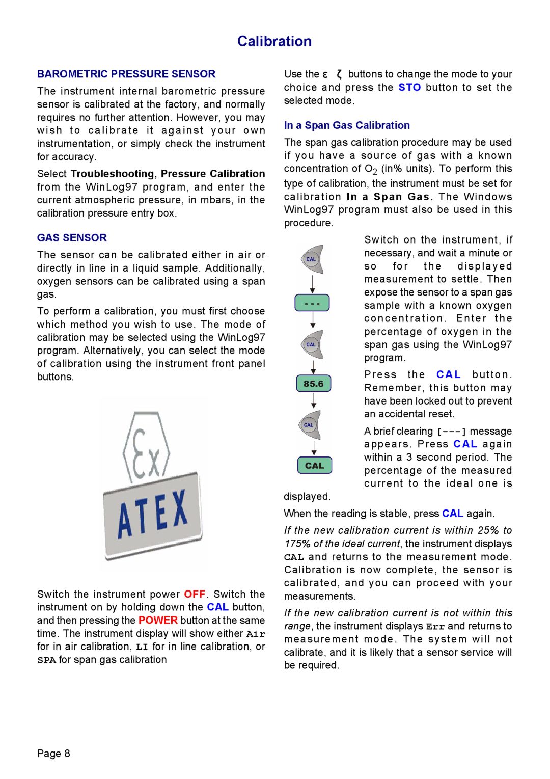 Hach 3650 ATEX manual Barometric Pressure Sensor, GAS Sensor, A Span Gas Calibration 