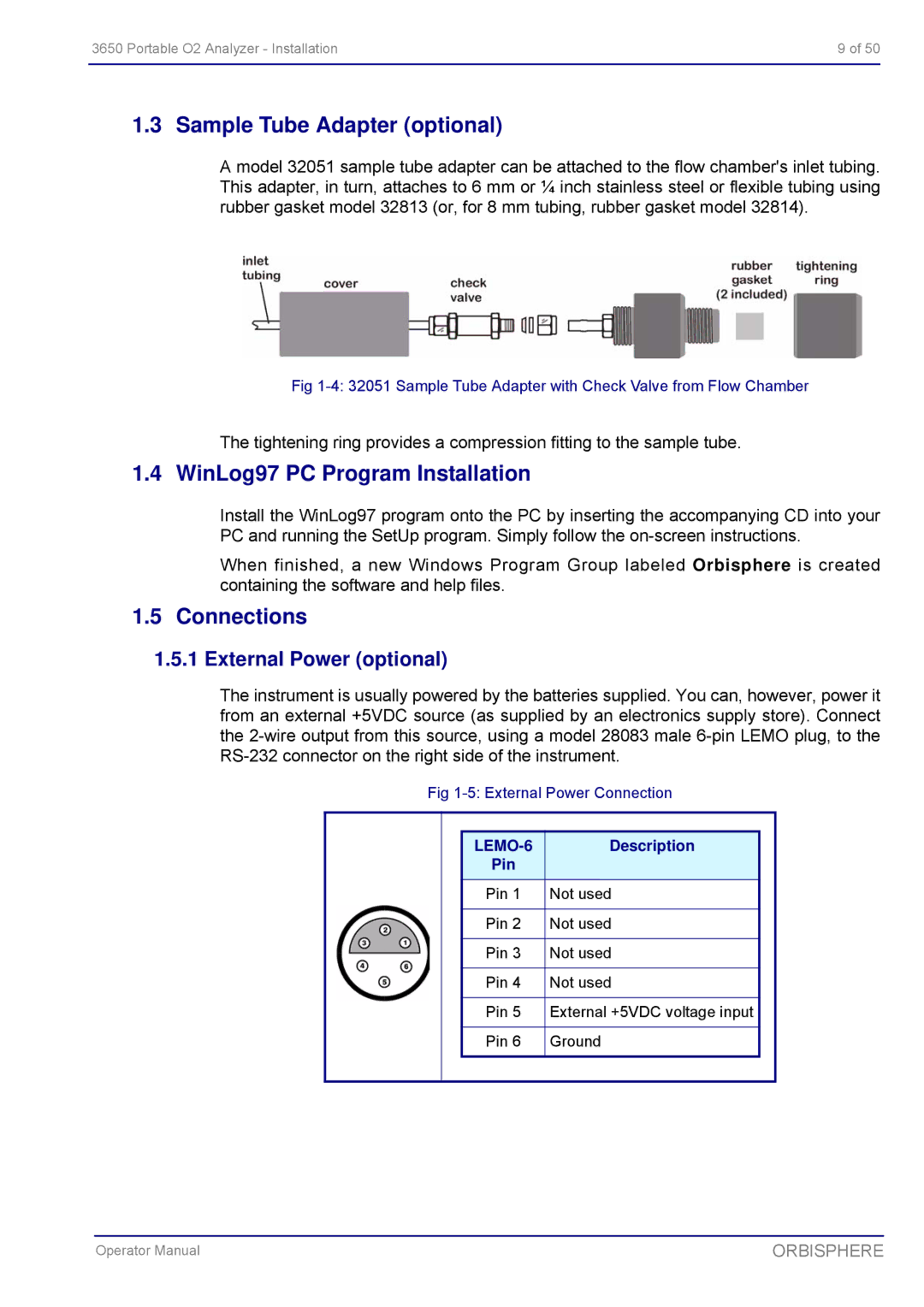 Hach 3650 manual Sample Tube Adapter optional, WinLog97 PC Program Installation, Connections, External Power optional 