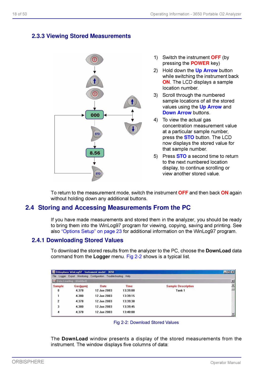 Hach 3650 manual Storing and Accessing Measurements From the PC, Viewing Stored Measurements, Downloading Stored Values 