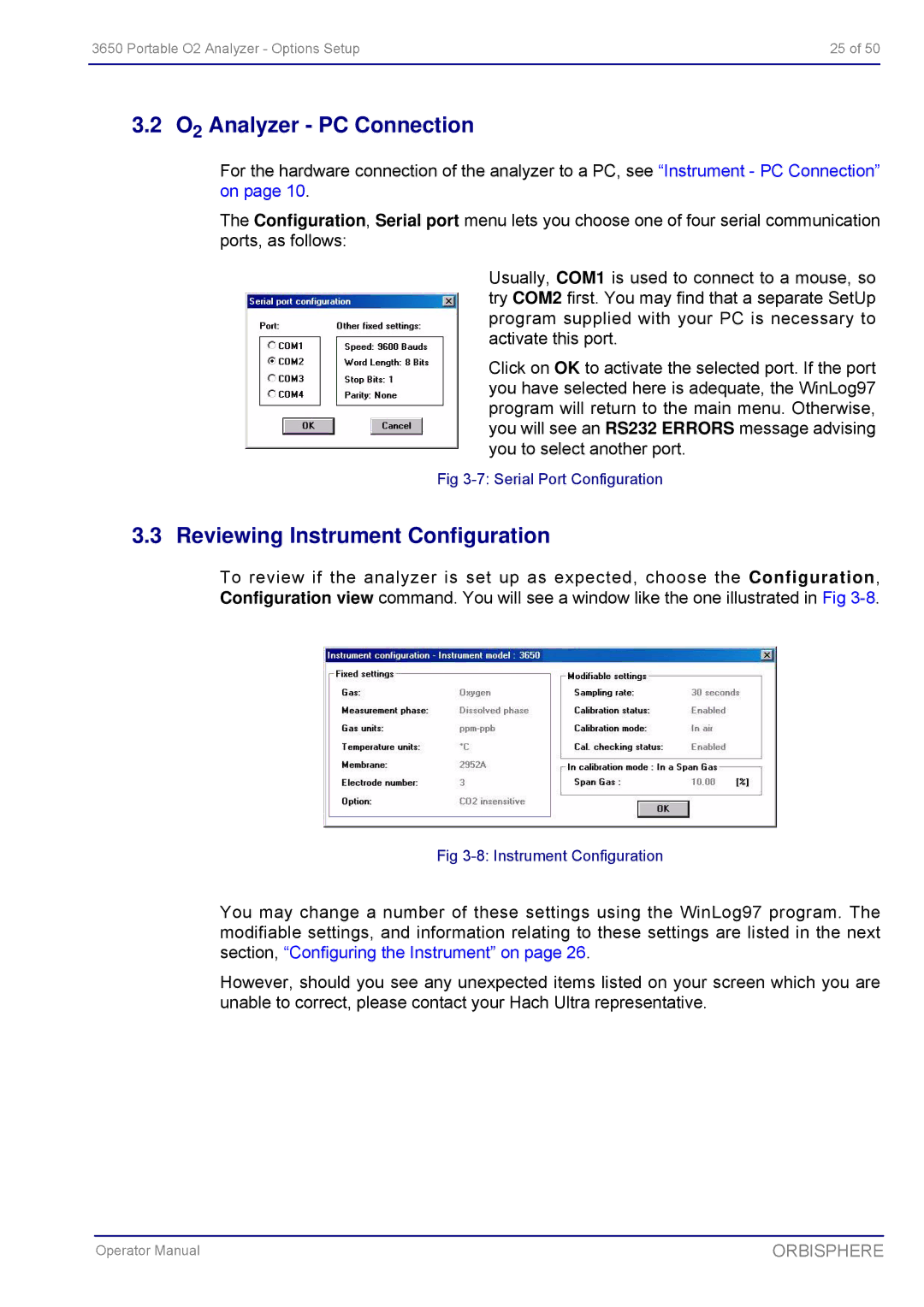 Hach 3650 manual O2 Analyzer PC Connection, Reviewing Instrument Configuration 