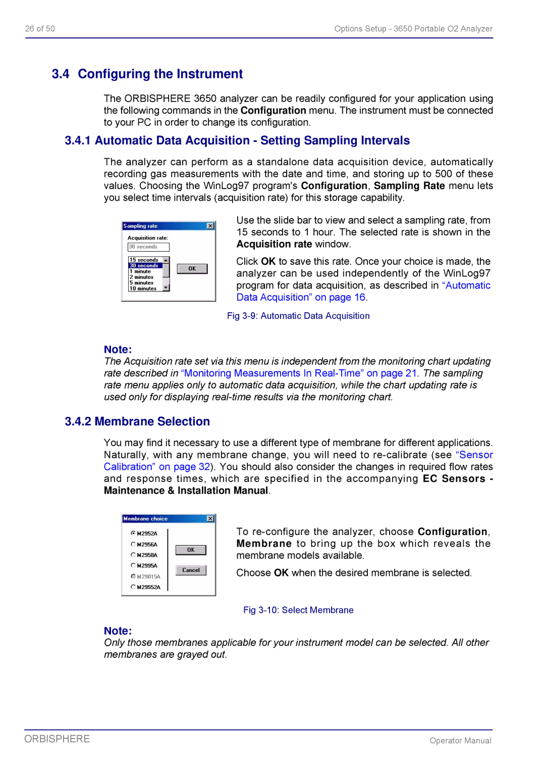 Hach 3650 manual Configuring the Instrument, Automatic Data Acquisition Setting Sampling Intervals, Membrane Selection 