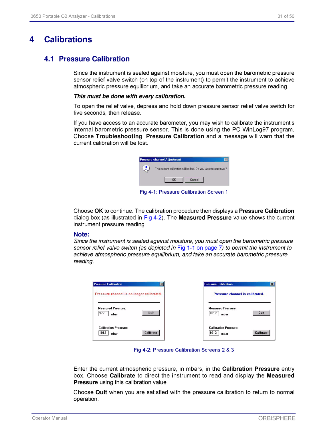 Hach 3650 manual Calibrations, Pressure Calibration 