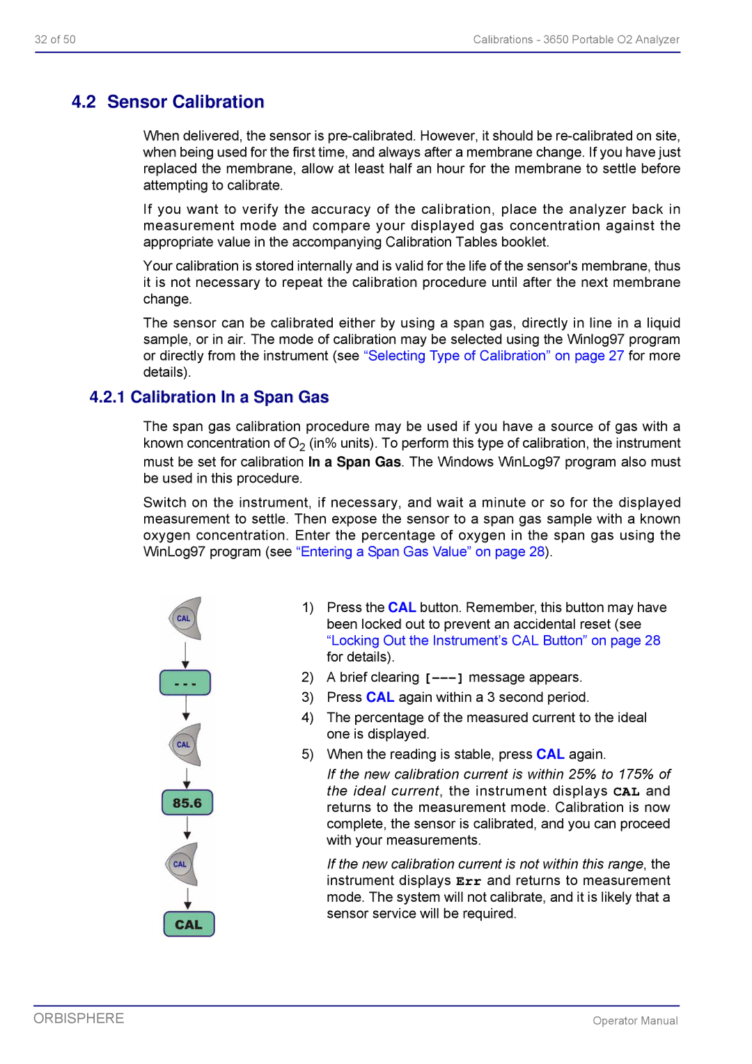 Hach 3650 manual Sensor Calibration, Calibration In a Span Gas 