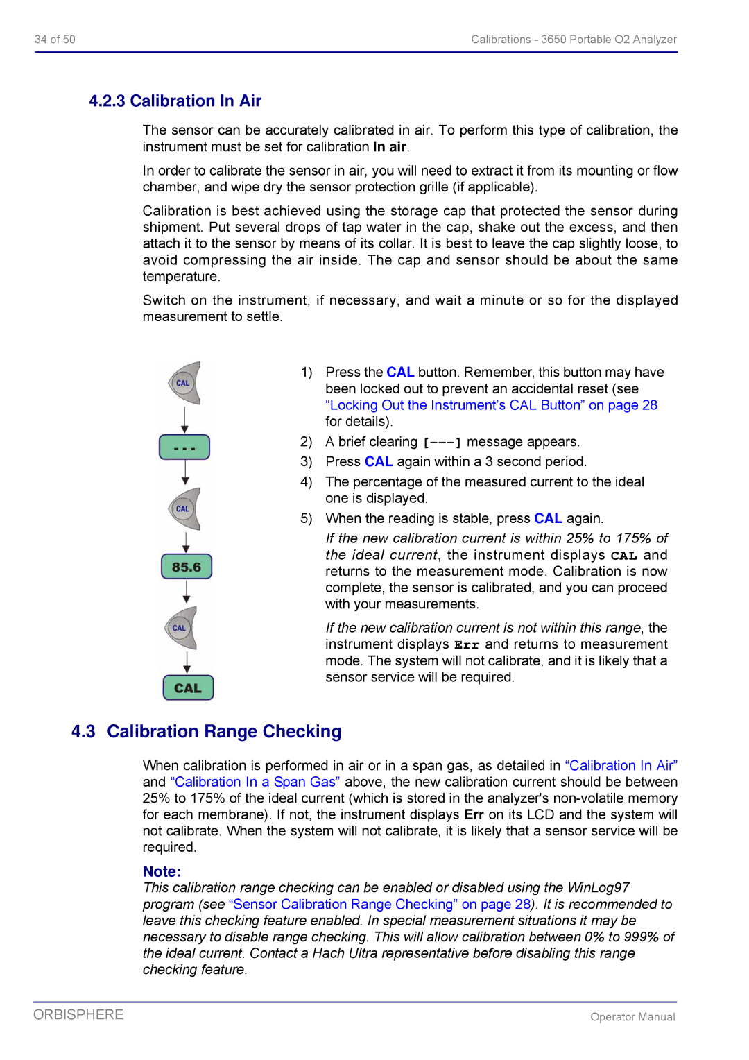 Hach 3650 manual Calibration Range Checking, Calibration In Air 