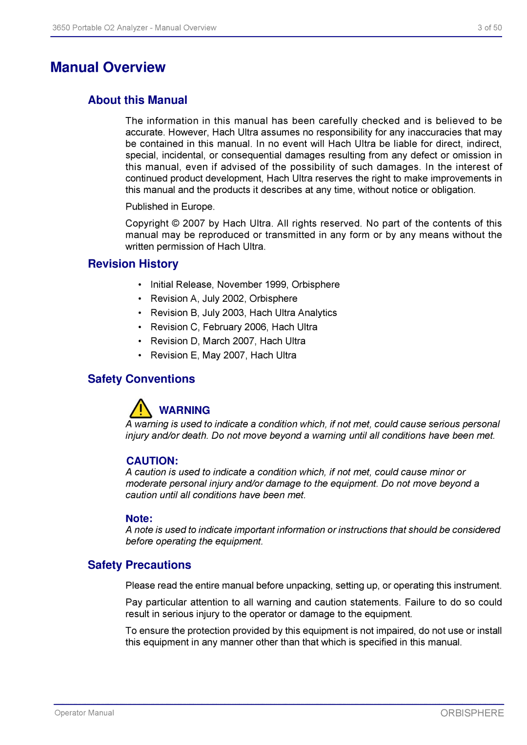 Hach 3650 manual Manual Overview, About this Manual, Revision History, Safety Conventions Safety Precautions 