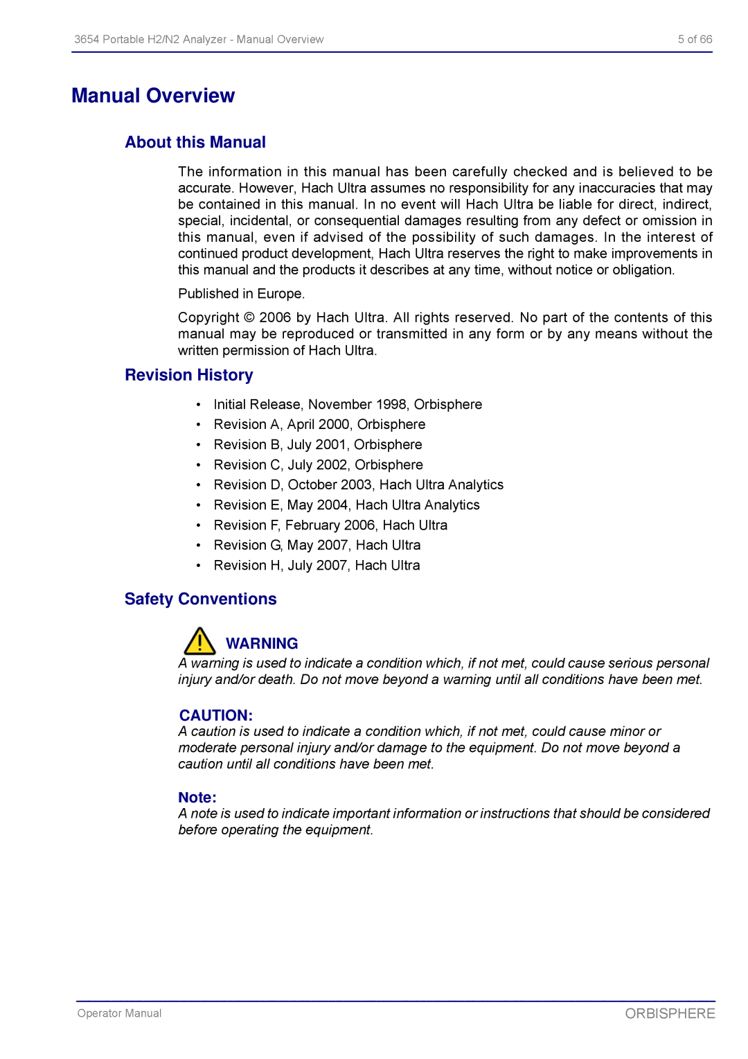 Hach 3654 Portable H2/N2 Analyzer manual Manual Overview, About this Manual, Revision History, Safety Conventions 