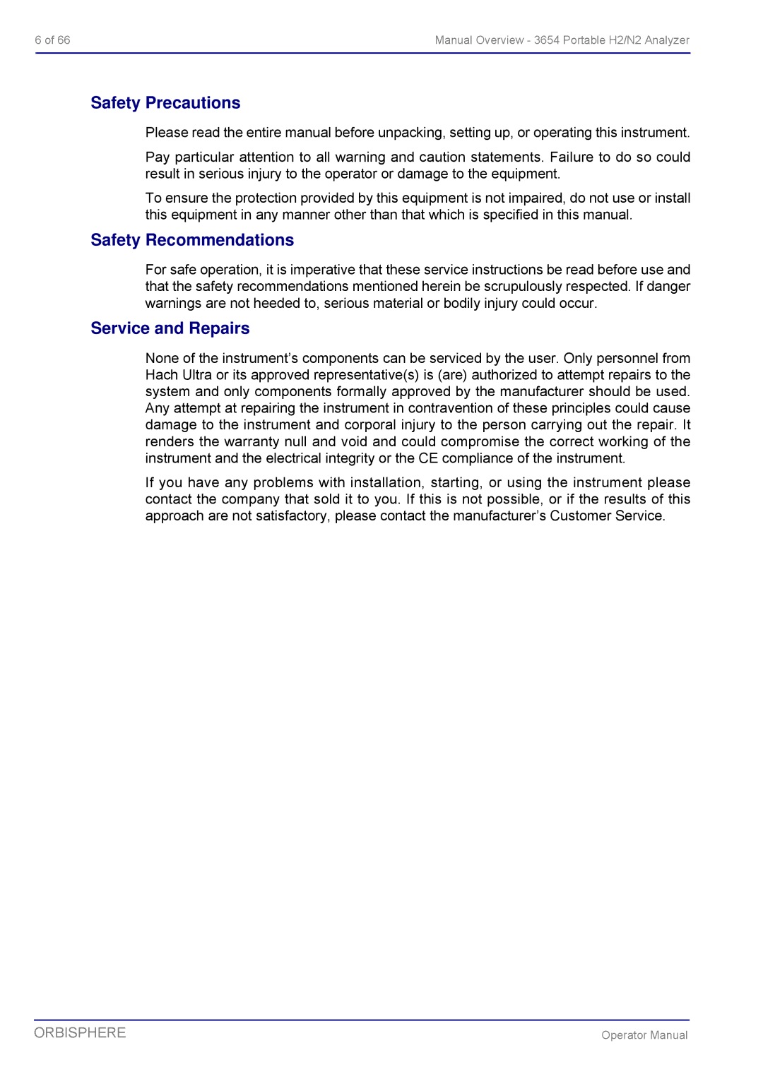 Hach 3654 Portable H2/N2 Analyzer manual Safety Precautions, Safety Recommendations, Service and Repairs 