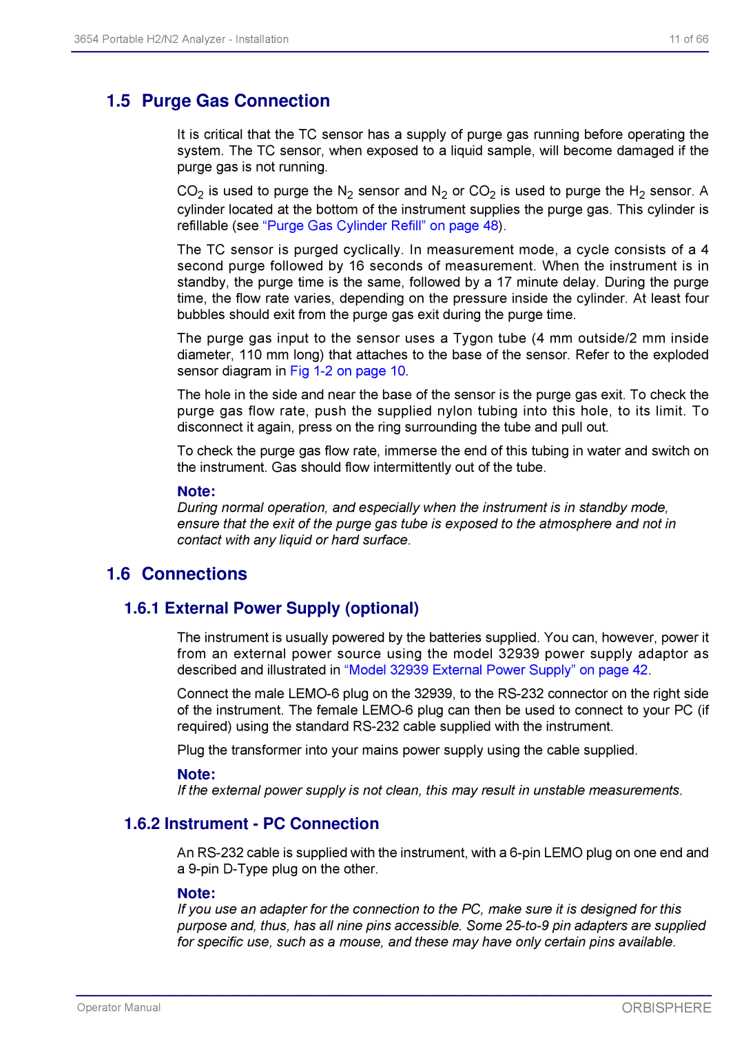 Hach 3654 Portable H2/N2 Analyzer manual Purge Gas Connection, Connections, External Power Supply optional 