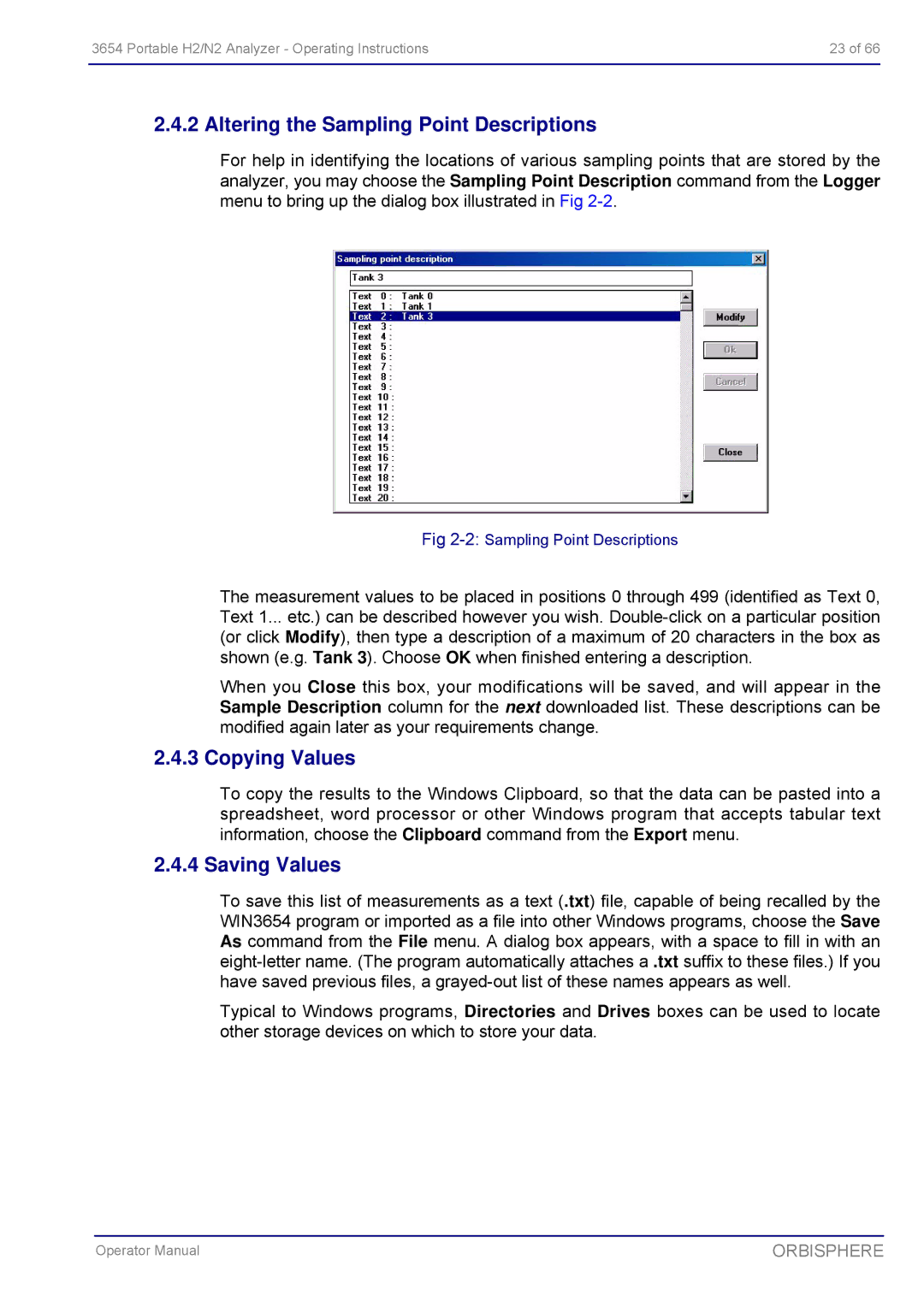 Hach 3654 Portable H2/N2 Analyzer manual Altering the Sampling Point Descriptions, Copying Values, Saving Values 